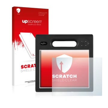 Vorderseite einer Produktverpackung mit dem Markenlogo upscreen. Daneben ist das Gerät Motion Computing F5t mit dem zugehörige