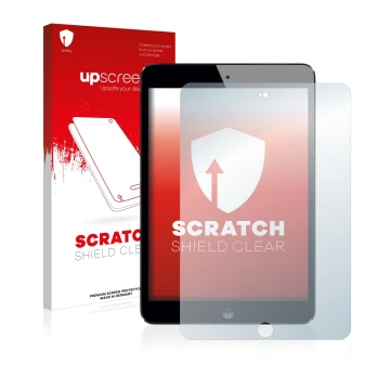 Vorderseite einer Produktverpackung mit dem Markenlogo upscreen. Daneben ist das Gerät Apple iPad Mini 3 2014 mit dem zugehöri