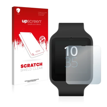 Vorderseite einer Produktverpackung mit dem Markenlogo upscreen. Daneben ist das Gerät Sony Smartwatch 3 SWR50 mit dem zugehör