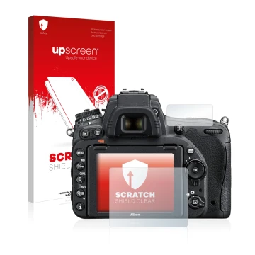 Vorderseite einer Produktverpackung mit dem Markenlogo upscreen. Daneben ist das Gerät Nikon D750 mit dem zugehörigen Displays