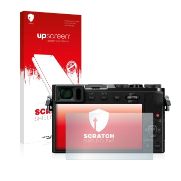 Vorderseite einer Produktverpackung mit dem Markenlogo upscreen. Daneben ist das Gerät Panasonic Lumix DMC-GM5 mit dem zugehör