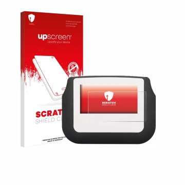 Vorderseite einer Produktverpackung mit dem Markenlogo upscreen. Daneben ist das Gerät Signotec Signature Pad Sigma mit dem zu