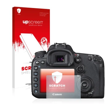 Vorderseite einer Produktverpackung mit dem Markenlogo upscreen. Daneben ist das Gerät Canon EOS 7D Mark II mit dem zugehörige