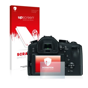 Vorderseite einer Produktverpackung mit dem Markenlogo upscreen. Daneben ist das Gerät Leica V-LUX (Typ 114) mit dem zugehörig