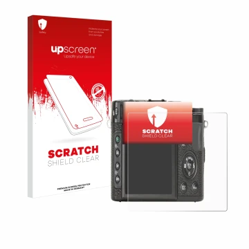 Vorderseite einer Produktverpackung mit dem Markenlogo upscreen. Daneben ist das Gerät Fujifilm X10 mit dem zugehörigen Displa