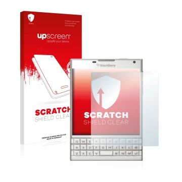 Vorderseite einer Produktverpackung mit dem Markenlogo upscreen. Daneben ist das Gerät BlackBerry Passport mit dem zugehörigen