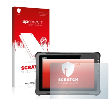 Vorderseite einer Produktverpackung mit dem Markenlogo upscreen. Daneben ist das Gerät Getac F110 G5 mit dem zugehörigen Displ