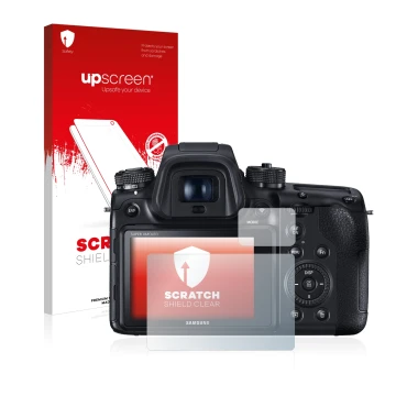 Vorderseite einer Produktverpackung mit dem Markenlogo upscreen. Daneben ist das Gerät Samsung NX1 mit dem zugehörigen Display