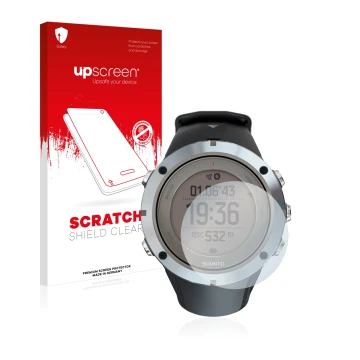 Vorderseite einer Produktverpackung mit dem Markenlogo upscreen. Daneben ist das Gerät Suunto Ambit3 Peak Sapphire mit dem zug