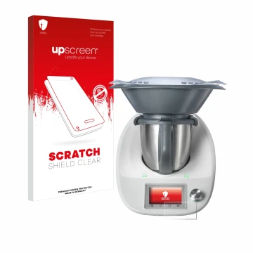 Vorderseite einer Produktverpackung mit dem Markenlogo upscreen. Daneben ist das Gerät Vorwerk Thermomix TM5 mit dem zugehörig