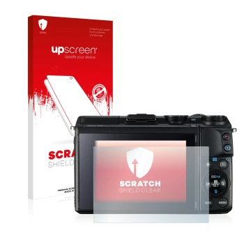 Vorderseite einer Produktverpackung mit dem Markenlogo upscreen. Daneben ist das Gerät Canon EOS M3 mit dem zugehörigen Displa