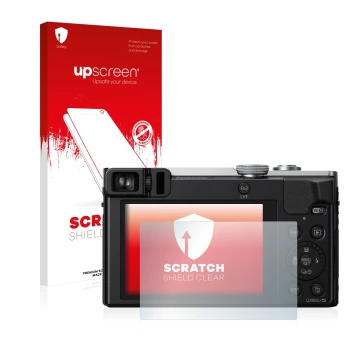 Vorderseite einer Produktverpackung mit dem Markenlogo upscreen. Daneben ist das Gerät Panasonic Lumix DMC-TZ71 mit dem zugehö