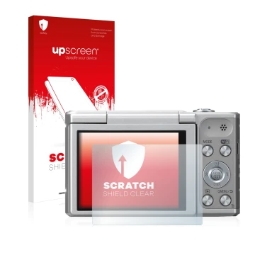 Vorderseite einer Produktverpackung mit dem Markenlogo upscreen. Daneben ist das Gerät Panasonic Lumix DMC-SZ10 mit dem zugehö