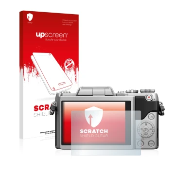 Vorderseite einer Produktverpackung mit dem Markenlogo upscreen. Daneben ist das Gerät Panasonic Lumix DMC-GF7 mit dem zugehör