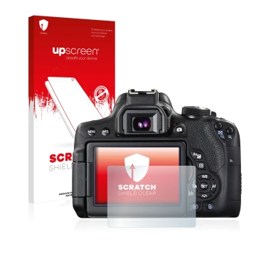 Vorderseite einer Produktverpackung mit dem Markenlogo upscreen. Daneben ist das Gerät Canon EOS 750D mit dem zugehörigen Disp