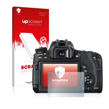 Vorderseite einer Produktverpackung mit dem Markenlogo upscreen. Daneben ist das Gerät Canon EOS 760D mit dem zugehörigen Disp