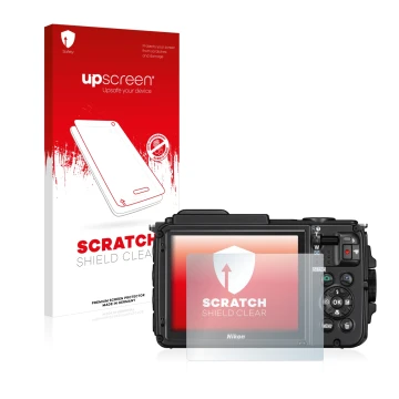 Vorderseite einer Produktverpackung mit dem Markenlogo upscreen. Daneben ist das Gerät Nikon Coolpix AW130 mit dem zugehörigen