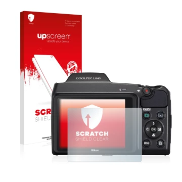 Vorderseite einer Produktverpackung mit dem Markenlogo upscreen. Daneben ist das Gerät Nikon Coolpix L840 mit dem zugehörigen 