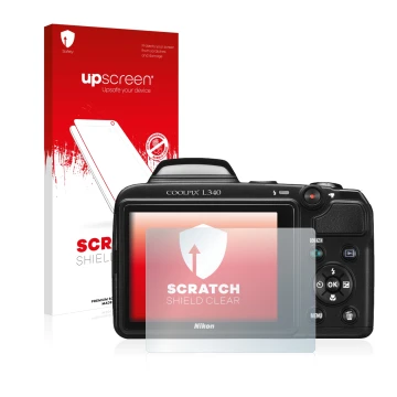 Vorderseite einer Produktverpackung mit dem Markenlogo upscreen. Daneben ist das Gerät Nikon Coolpix L340 mit dem zugehörigen 