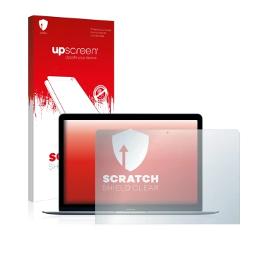 Vorderseite einer Produktverpackung mit dem Markenlogo upscreen. Daneben ist das Gerät Apple MacBook 12