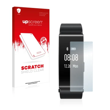 Vorderseite einer Produktverpackung mit dem Markenlogo upscreen. Daneben ist das Gerät Huawei TalkBand B2 mit dem zugehörigen 