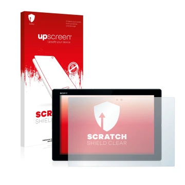 Vorderseite einer Produktverpackung mit dem Markenlogo upscreen. Daneben ist das Gerät Sony Xperia Z4 Tablet mit dem zugehörig