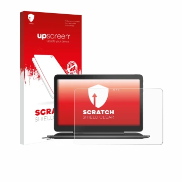 Vorderseite einer Produktverpackung mit dem Markenlogo upscreen. Daneben ist das Gerät Dell Latitude 13 7350 mit dem zugehörig