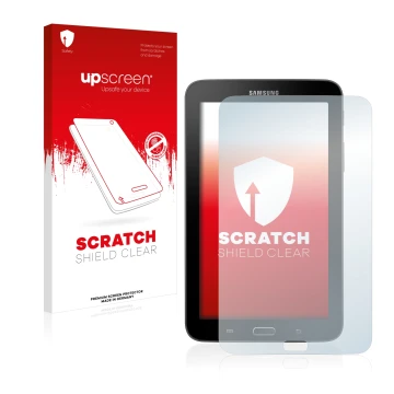 Vorderseite einer Produktverpackung mit dem Markenlogo upscreen. Daneben ist das Gerät Samsung Galaxy Tab 3 SM-T113 mit dem zu