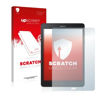 Vorderseite einer Produktverpackung mit dem Markenlogo upscreen. Daneben ist das Gerät Samsung Galaxy Tab A 9.7 mit dem zugehö