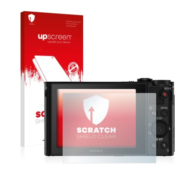 Vorderseite einer Produktverpackung mit dem Markenlogo upscreen. Daneben ist das Gerät Sony Cyber-Shot DSC-HX90V mit dem zugeh
