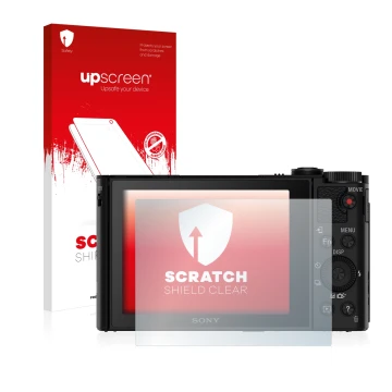 Vorderseite einer Produktverpackung mit dem Markenlogo upscreen. Daneben ist das Gerät Sony Cyber-Shot DSC-WX500 mit dem zugeh