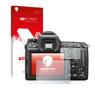 Vorderseite einer Produktverpackung mit dem Markenlogo upscreen. Daneben ist das Gerät Pentax K-3 II mit dem zugehörigen Displ