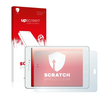 Vorderseite einer Produktverpackung mit dem Markenlogo upscreen. Daneben ist das Gerät Samsung Galaxy Tab A 8.0 mit dem zugehö