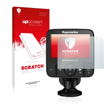 Vorderseite einer Produktverpackung mit dem Markenlogo upscreen. Daneben ist das Gerät Raymarine Dragonfly 5 mit dem zugehörig