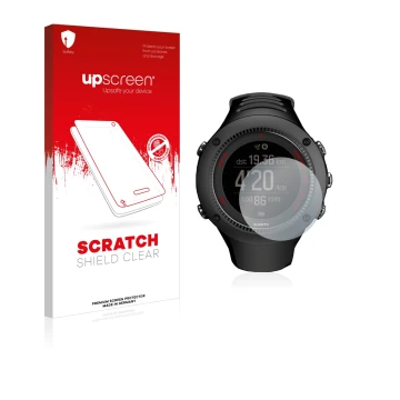 Vorderseite einer Produktverpackung mit dem Markenlogo upscreen. Daneben ist das Gerät Suunto Ambit3 Run Black mit dem zugehör