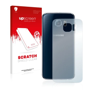 Vorderseite einer Produktverpackung mit dem Markenlogo upscreen. Daneben ist das Gerät Samsung SM-G920F (Rückseite) mit dem zu