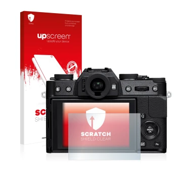 Vorderseite einer Produktverpackung mit dem Markenlogo upscreen. Daneben ist das Gerät Fujifilm X-T10 mit dem zugehörigen Disp
