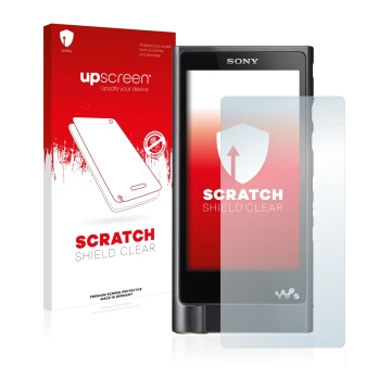 Vorderseite einer Produktverpackung mit dem Markenlogo upscreen. Daneben ist das Gerät Sony Walkman NW-ZX2 mit dem zugehörigen
