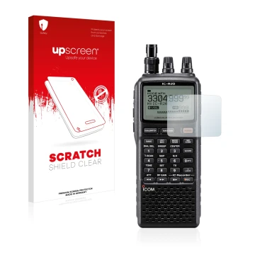 Vorderseite einer Produktverpackung mit dem Markenlogo upscreen. Daneben ist das Gerät Icom IC-R20 mit dem zugehörigen Display