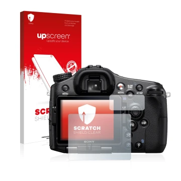 Vorderseite einer Produktverpackung mit dem Markenlogo upscreen. Daneben ist das Gerät Sony Alpha 77 (SLT-77) mit dem zugehöri