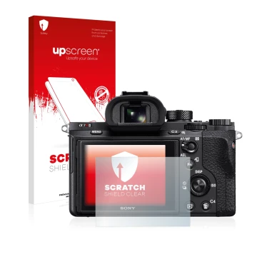 Vorderseite einer Produktverpackung mit dem Markenlogo upscreen. Daneben ist das Gerät Sony Alpha 7R II mit dem zugehörigen Di