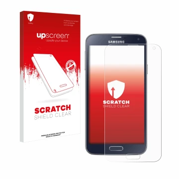 Vorderseite einer Produktverpackung mit dem Markenlogo upscreen. Daneben ist das Gerät Samsung Galaxy S5 Neo mit dem zugehörig