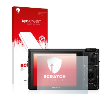 Vorderseite einer Produktverpackung mit dem Markenlogo upscreen. Daneben ist das Gerät Sony Cyber-Shot DSC-RX100 IV mit dem zu
