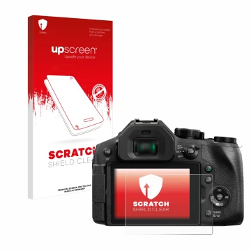 Vorderseite einer Produktverpackung mit dem Markenlogo upscreen. Daneben ist das Gerät Panasonic Lumix DMC-FZ300 mit dem zugeh