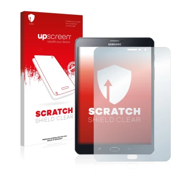 Vorderseite einer Produktverpackung mit dem Markenlogo upscreen. Daneben ist das Gerät Samsung Galaxy Tab Tab S2 8.0 LTE mit d