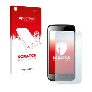 Vorderseite einer Produktverpackung mit dem Markenlogo upscreen. Daneben ist das Gerät Yezz Andy 4.5EL mit dem zugehörigen Dis