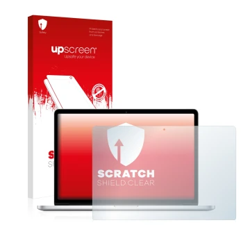 Vorderseite einer Produktverpackung mit dem Markenlogo upscreen. Daneben ist das Gerät Apple MacBook Pro Retina 15