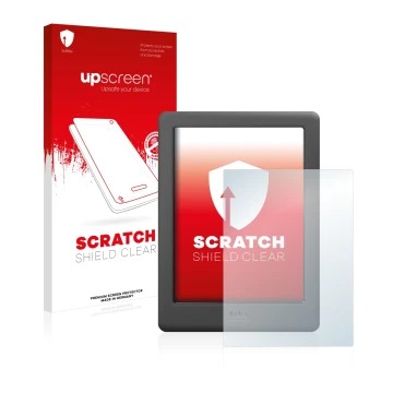 Vorderseite einer Produktverpackung mit dem Markenlogo upscreen. Daneben ist das Gerät Kobo Glo HD mit dem zugehörigen Display