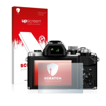 Vorderseite einer Produktverpackung mit dem Markenlogo upscreen. Daneben ist das Gerät Olympus OM-D E-M10 Mark II mit dem zuge