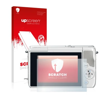 Vorderseite einer Produktverpackung mit dem Markenlogo upscreen. Daneben ist das Gerät Canon EOS M10 mit dem zugehörigen Displ